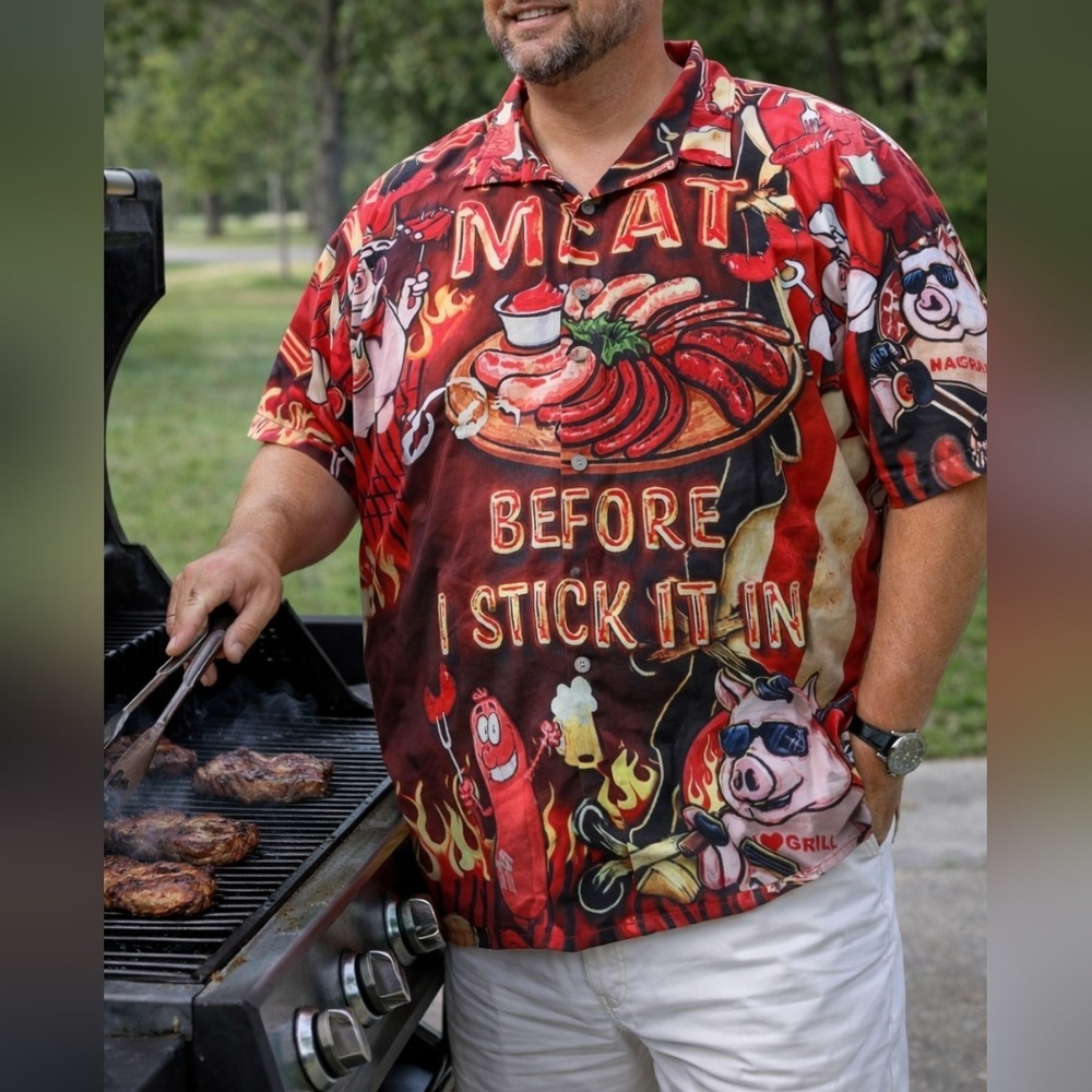BBQ Graphic Shirt Mens XL Red I Rub My Meat Funny Grill Master Button Down